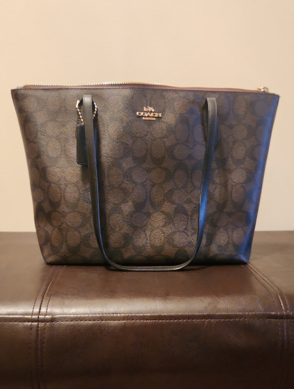 Coach Black Signature Monogram Tote with Gold Hardware